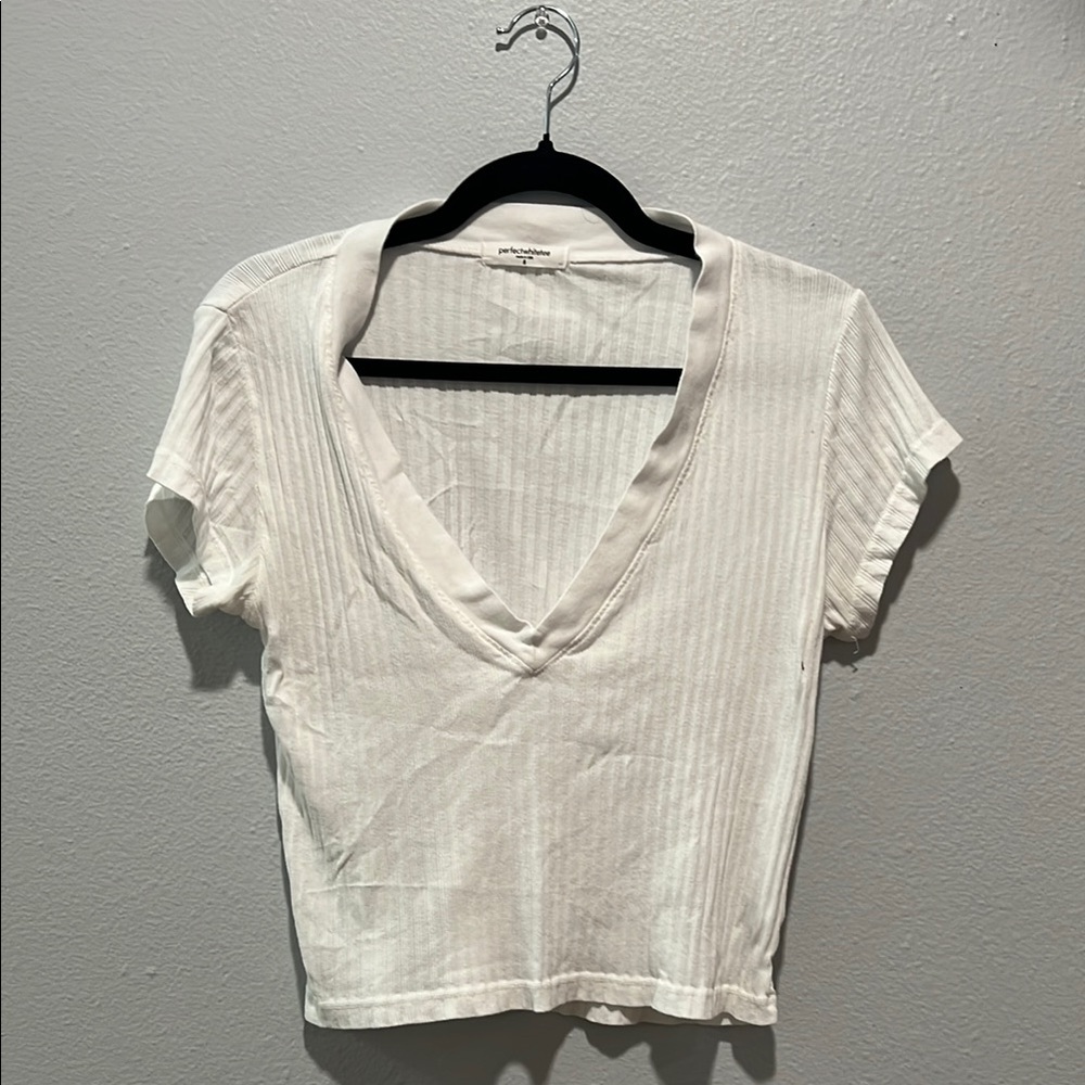 White V-Neck Ribbed Women's Top